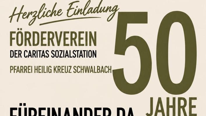 50 Jahre Kooperation Caritas Förderverein und Pfarrei Heilig Kreuz, Plakat zur 50-Jahr-Feier mit konkreten Angaben zur Messe und anschließenden Jubiläumsabend