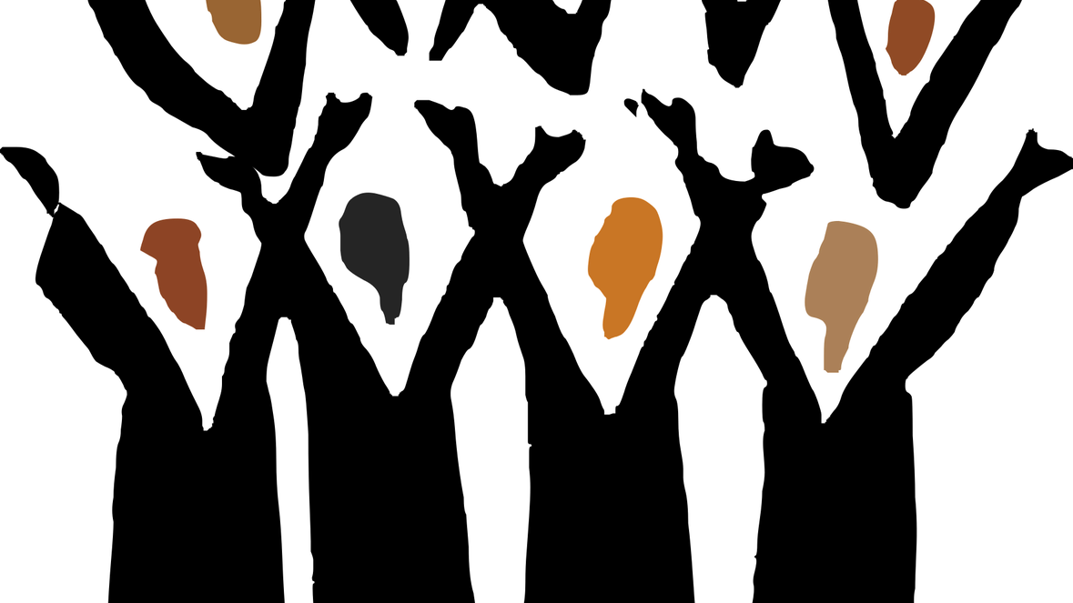 Symbolbild für einen Chor, schwarz gekleidete, stilisiert dargestellte Chorsänger mit langen schwarzen Gewändern und weit nach oben geöffneten Armen