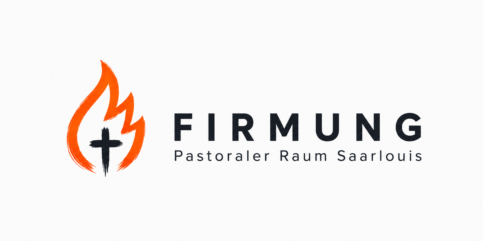 Offizielles Logo zur Firmung 2027 im Pastoralen Raum Saarlouis; eine orange gezeichnete Flamme, darin in puristisch gezeichnetes schwarzes Kreuz, darunter groß 'Firmung', darunter in kleiner Schrift 'Pastoraler Raum Saarlouis'