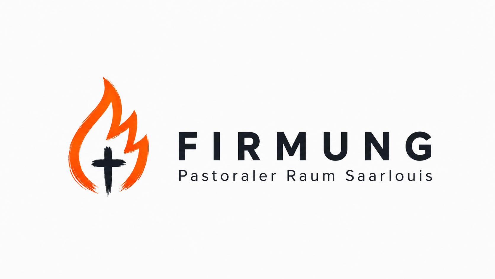 Offizielles Logo zur Firmung 2027 im Pastoralen Raum Saarlouis; eine orange gezeichnete Flamme, darin in puristisch gezeichnetes schwarzes Kreuz, darunter groß 'Firmung', darunter in kleiner Schrift 'Pastoraler Raum Saarlouis'