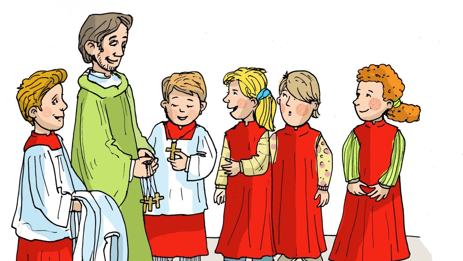 Eine Gruppe junger Messdiener stehen zusammen mit einem Priester (Cartoon)