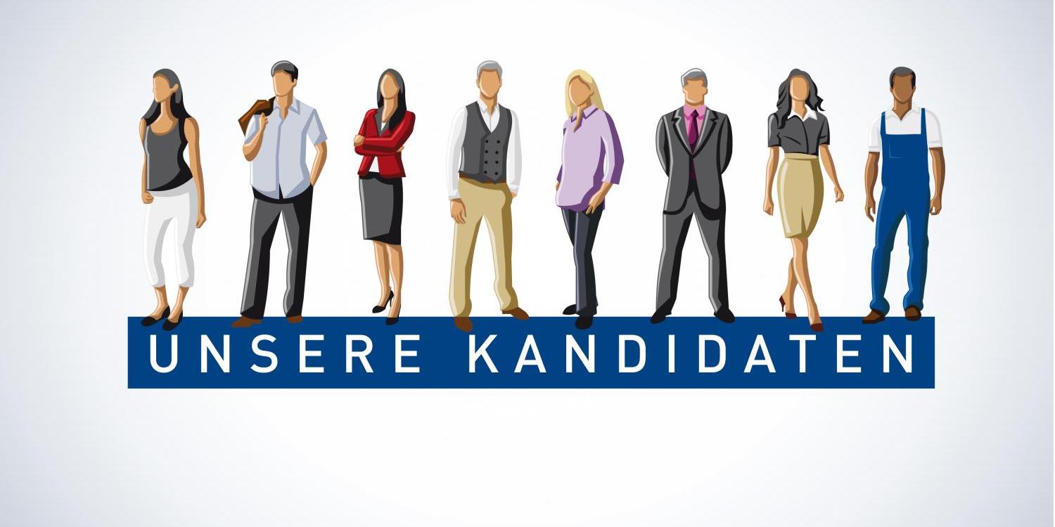 Gruppe von Menschen (gezeichnet); darunter Schriftzug 'Unsere Kandidaten'