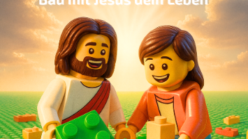 Plakat 'Berufen zu Großem - Bau mit Jesus dein Leben'; zwei Lego-Figuren (Jesus und ein junger Mensch) auf einer Wiese vor einem Sonnenaufgang; beide bauen mit Legosteinen; symbolisch für das Motto 'Bau mit Jesus dein Leben'