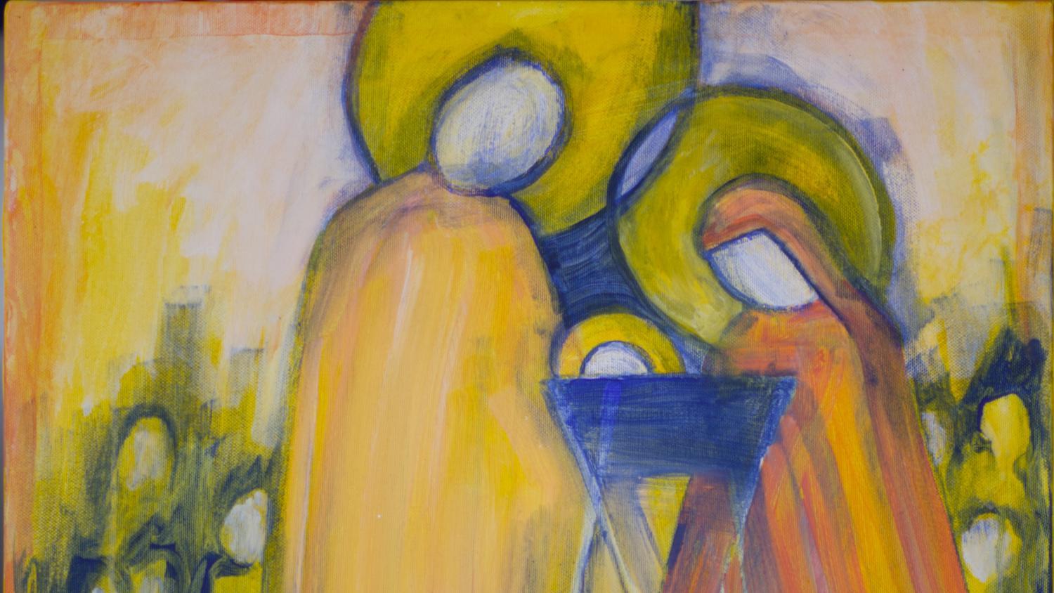 Heilige Familie in der Krippe, als Grafik dargestellt in dezenten Erdfarben, zu sehen Josef, Maria und das Jesuskind in der Krippe, im Hintergrund sind weitere Menschen (vielleicht Hirten) zu sehen